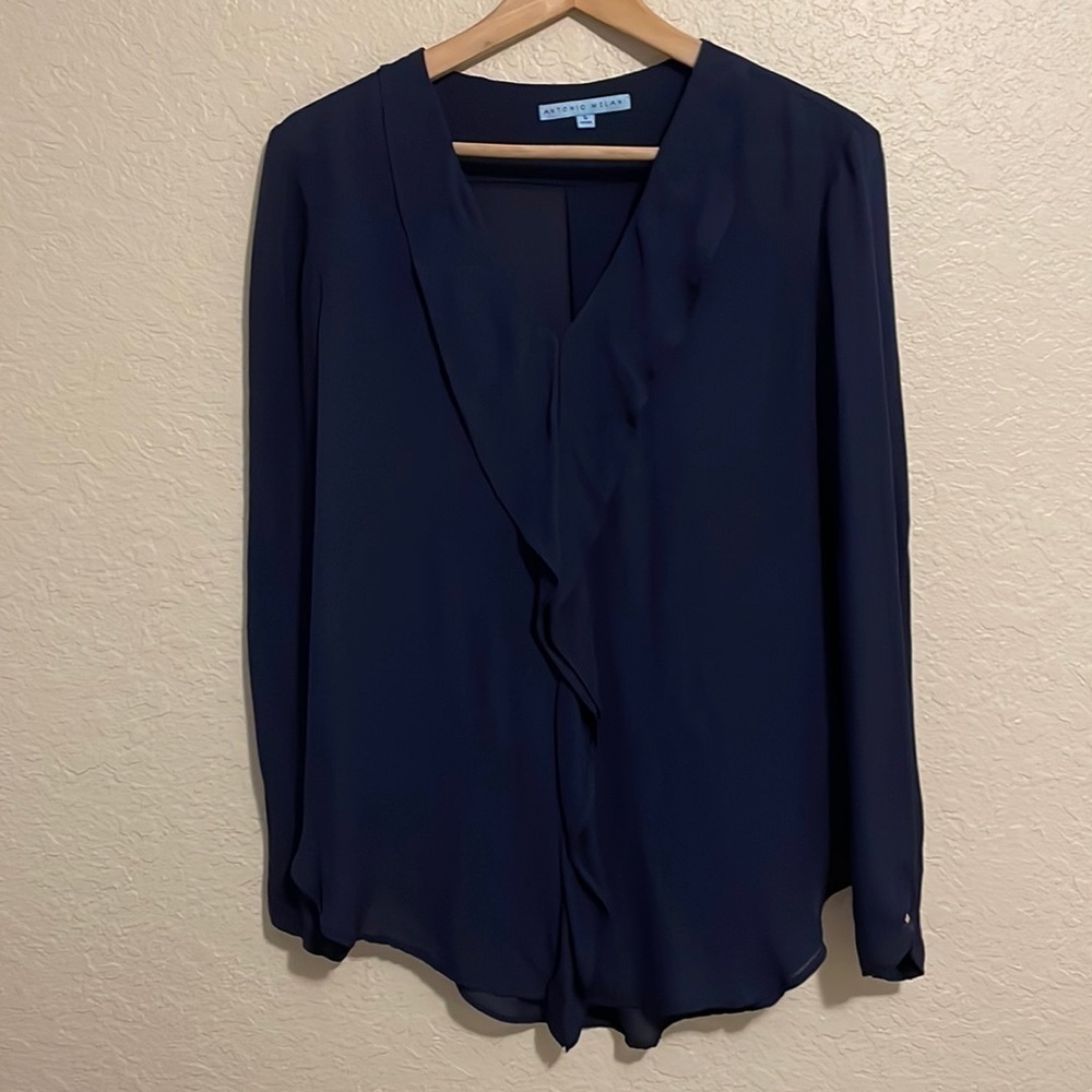 Antonio Melani Women’s Silk Navy Blue Ruffle Blouse Size S